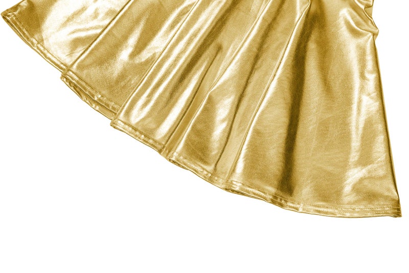 EXCHIC Women's Shiny Metallic Wet Look Stretchy Flared Mini Skater Skirt (S, Gold) - Image 5